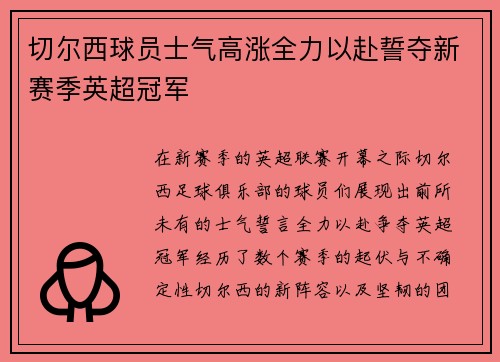 切尔西球员士气高涨全力以赴誓夺新赛季英超冠军